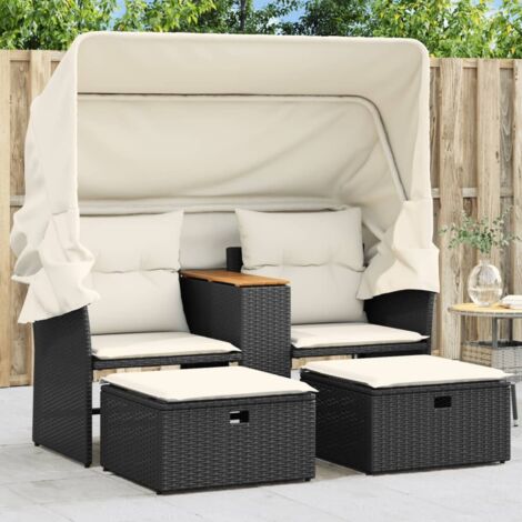 Vidaxl – Canapé de jardin 2 places avec auvent rétractable et tabourets – Résine tressée noire – Dimensions 144x92x69 cm – Capacité 110 kg par siège