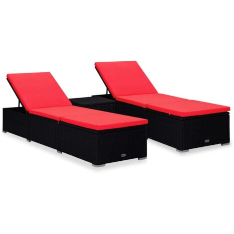 Chaises longues de jardin table à thé 3 pcs Résine tressée Noir vidaXL