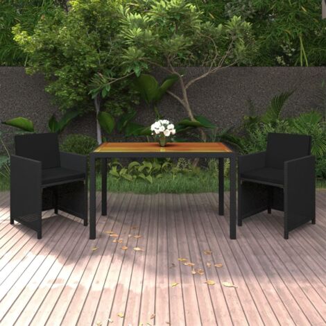 vidaXL 3 Piece Garden Dining Set with Cushions Poly Rattan Black