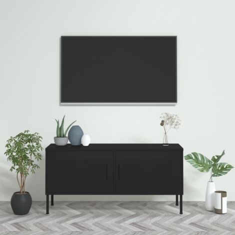 Vidaxl – Meuble TV noir 105x35x50 cm en acier – 2 portes avec étagère – Niveleurs pour ajustement de hauteur – 4 trous pour câbles (1/5)
