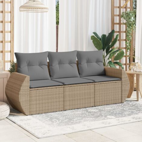 vidaXL 3 Piece Garden Sofa Set with Cushions Beige Poly Rattan (1/3)