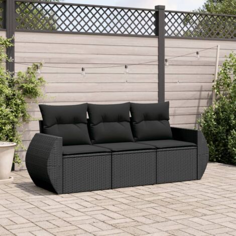 vidaXL 3 Piece Garden Sofa Set with Cushions Black Poly Rattan (1/3)