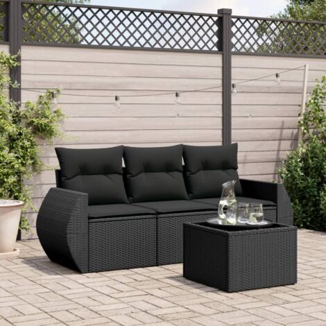 vidaXL 4 Piece Garden Sofa Set with Cushions Black Poly Rattan (1/3)