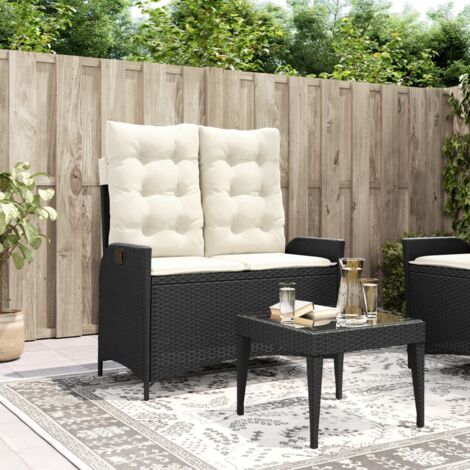 vidaXL Reclining Garden Bench with Cushions Black Poly Rattan