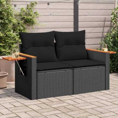 Vidaxl – Canapé de jardin 2 places noir résine tressée – Coussins épais – Table d'appoint pliable – Rangement sous chaque siège (1/5)