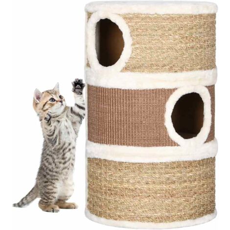 Vidaxl – Griffoir tonneau pour chat 60 cm – 3 appartements – Matériau carton ondulé et peluche – Couverture herbe de mer pour griffes (1/5)