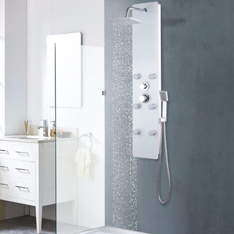Vidaxl – Colonne de douche thermostatique en acier inoxydable – Pomme haute effet pluie 20,5 cm – 144 jets – Tuyau flexible 1,5 m – Verre trempé blanc