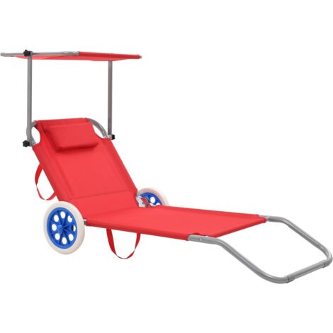 Vidaxl – Transat pliable avec auvent réglable – Structure acier enduit de poudre – Tissu polyester 600D – 2 roues pour transport facile – Rouge (1/5)