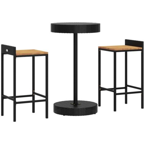 Ensemble de bar jardin 3 pcs noir poly rotin/bois massif acacia vidaXL
