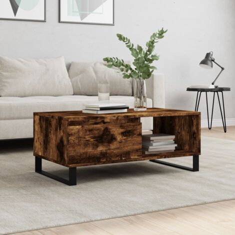 Vidaxl – Table basse fixe chêne fumé 90x50x36,5 cm – Bois d'ingénierie – Tiroir de rangement – Pieds en métal pour stabilité accrue