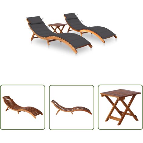 The Living Store Chaises longues lot de 2 avec table et coussins Acacia solide - Chaise Longue - Transat - Mobilier De Jardin - Salon De Jardin - Jardin