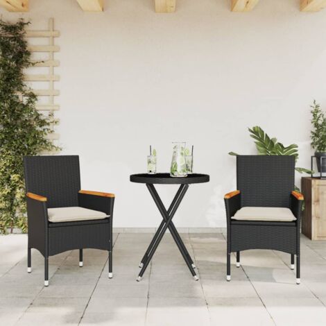 vidaXL 3 Piece Bistro Set with Cushions Black Poly Rattan and Glass (1/5)