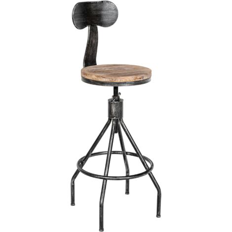 CLP – Tabouret de bar réglable en hauteur 59-79 cm – Assise en bois de pin – Dossier métal – Look industriel – Repose-pieds confortable