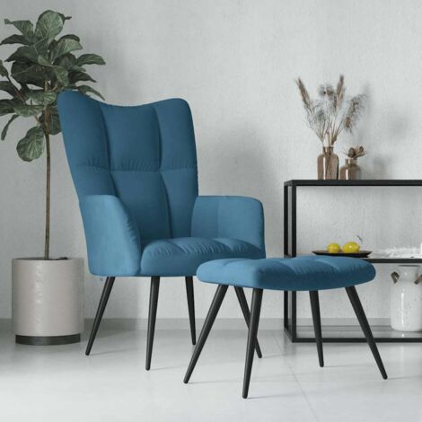 Vidaxl – Fauteuil relax bleu velours avec tabouret – Mousse épaisse rembourrée – Cadre en acier – Dimensions chaise 61x70x96,5 cm