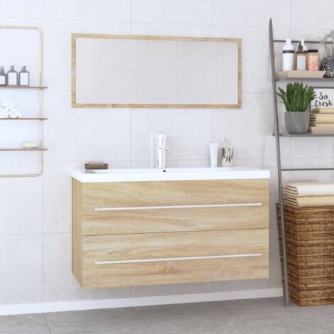 Vidaxl – Ensemble de meubles de salle de bain 3 pcs – Armoire d'évier chêne sonoma 90x38,5x48 cm – Miroir 90x1,5x37 cm – Vasque céramique blanche 91x39,5x18,5 cm (1/5)