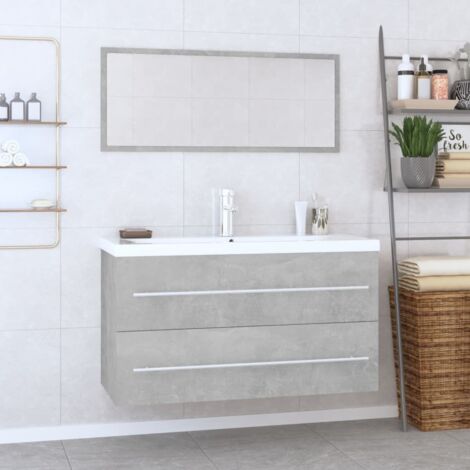 Vidaxl – Ensemble de meubles de salle de bain 3 pcs – Lavabo céramique blanc avec trop-plein – Armoire gris béton 90x38,5x48cm – Miroir acrylique 90x1,5x37cm (1/5)