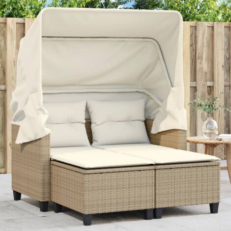 Vidaxl – Canapé de jardin 2 places avec auvent rétractable – Poly rotin beige – Coussins épais – Tabourets inclus – Résistant aux intempéries