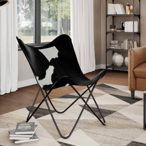 Vidaxl – Chaise papillon en cuir de vachette noir et blanc – Ergonomique pour confort optimal – Armature en fer enduit – Dimensions 74x66x90cm