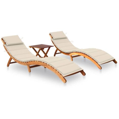 Chaises longues lot de 2 avec table et coussins Acacia solide vidaXL