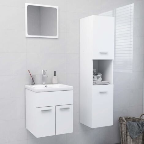 Vidaxl – Ensemble de meubles de salle de bain blanc aggloméré – Armoire d'évier 41x38,5x46cm – Armoire haute 30x30x130cm – Miroir 40x1,5x37cm