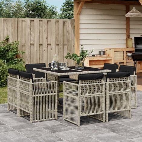 Vidaxl – Ensemble table et chaise de jardin 9 places – Résine tressée poly rotin – Coussins épais – Dessus en verre trempé – Dossier rabattable