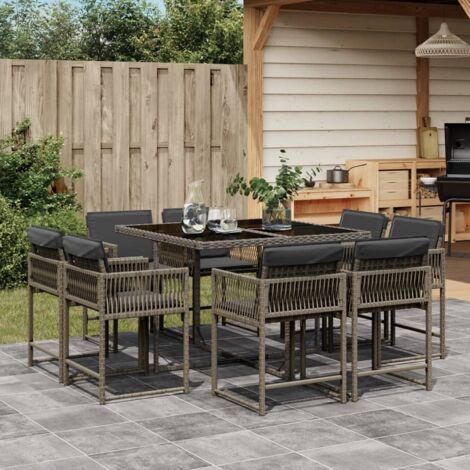 Vidaxl – Ensemble de salle à manger de jardin 9 places – Résine tressée poly rotin gris – Coussins épais – Table en verre trempé – Dossier rabattable