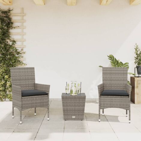 vidaXL 3 Piece Bistro Set with Cushions Grey Poly Rattan and Glass (1/5)