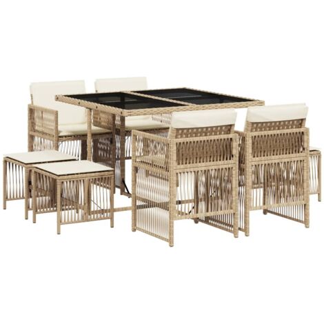Vidaxl – Ensemble à manger de jardin 9 pcs – 4 chaises et 4 tabourets – Coussin épais – Poly rotin beige – Table 110 x 106 x 73 cm