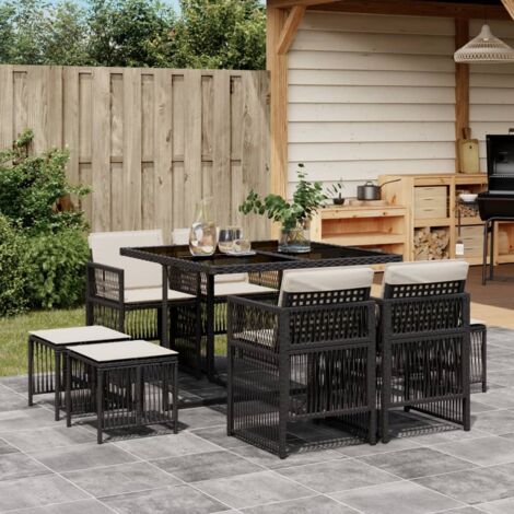 Vidaxl – Ensemble table et chaise de jardin 9pcs – Résine tressée noire – Coussins épais amovibles – Dessus en verre trempé