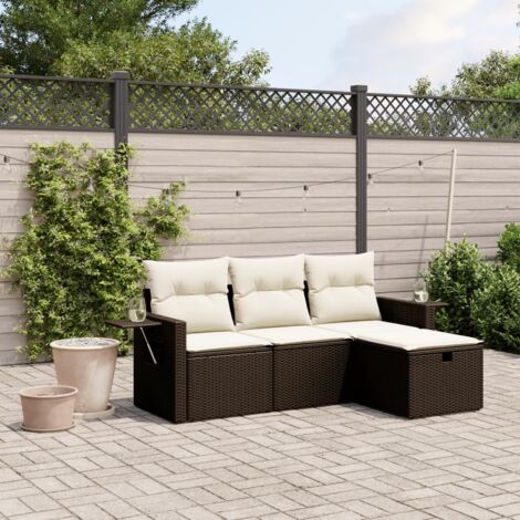 Salon De Jardin En Résine Tressée - 4 Places, Coussins Gris, Beige - 11