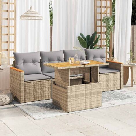 vidaXL 5 Piece Garden Sofa Set with Cushions Beige Poly Rattan Acacia (1/5)