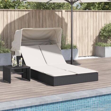 Vidaxl – Chaise longue double avec auvent – Résine tressée noire – Dossier réglable 2 positions – Coussins épais amovibles – Dimensions 108x236x102cm