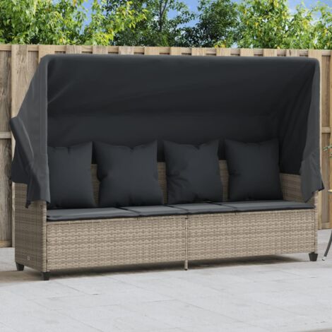 vidaXL Sun Lounger with Canopy and Cushions Light Grey Poly Rattan
