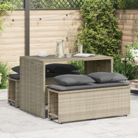 Vidaxl – Ensemble à manger de jardin 3 pièces – Table 110x70x72 cm en poly rotin – 2 bancs avec coussins gris clair – Résistant aux UV