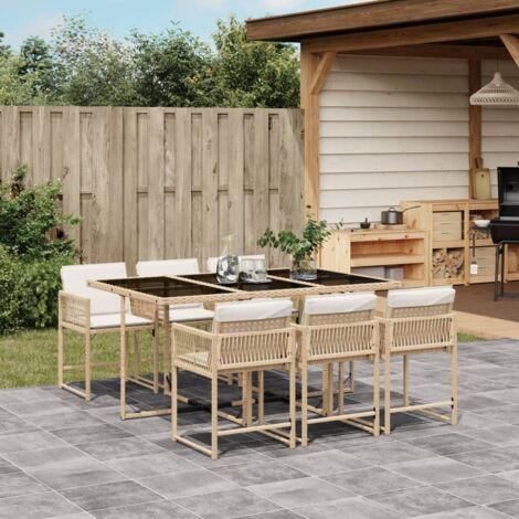 Vidaxl – Ensemble table et chaises de jardin 7 pcs – Résine tressée beige – Coussins épais lavables – Table en verre trempé 165x106cm (1/6)