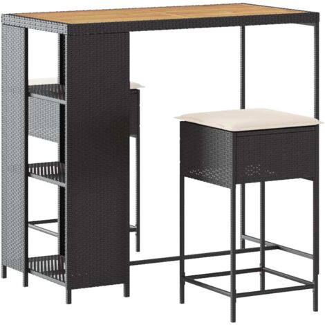 vidaXL 3 Piece Garden Bar Set with Cushions Black Poly Rattan