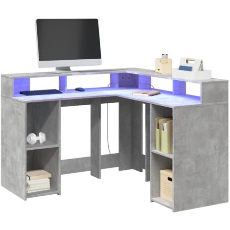 vidaXL Desk with LED Lights Concrete Grey 130x130x91 cm Engineered Wood (1/7)