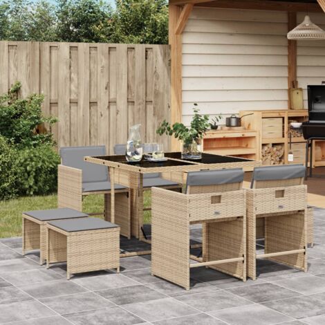 vidaXL 9 Piece Garden Dining Set with Cushions Mix Beige Poly Rattan