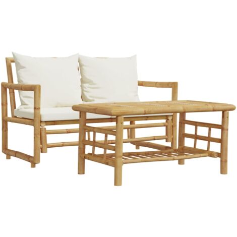 Vidaxl – Salon de jardin 2 places en bambou avec coussins épais – Plateau robuste pour décoration – Housse amovible et lavable – 110 kg max par siège (1/5)