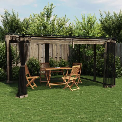 Vidaxl – Tonnelle taupe 4x3 m avec parois en filet – Acier inoxydable – Toit rétractable en polyester – Idéale pour repas en extérieur