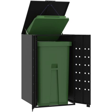 Vidaxl – Rangement pour poubelles à roulettes en acier noir 69x79x117 cm – Couvercle à ressort à gaz – Accès facile avec portes magnétiques – Bonne ventilation