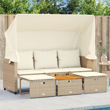 Vidaxl – Canapé de jardin 3 places avec auvent et tabourets – Résine tressée beige – Housse amovible – Table en bois d'acacia facile à nettoyer