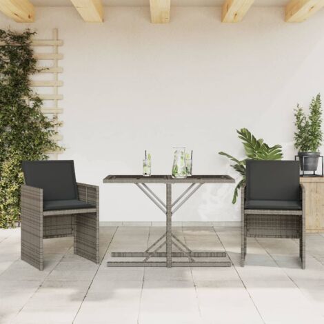 Vidaxl – Ensemble de bistro 3 pcs – Résine tressée gris avec coussins épais – Table en verre trempé – Pour 2 personnes – Faible entretien