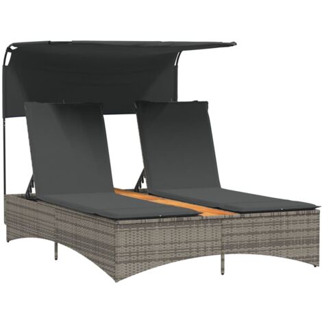 Vidaxl – Chaise longue double avec auvent et coussins gris – Résine tressée résistante aux intempéries – Dossiers réglables 5 positions – Dimensions 136x202x140 cm
