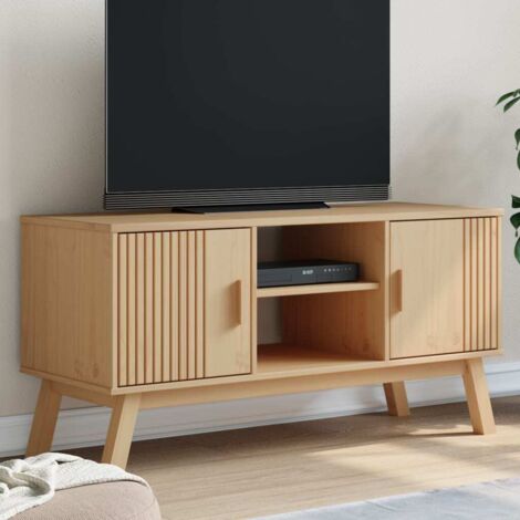 Vidaxl – Meuble TV scandinave marron 114x43x57 cm – Bois de pin massif – 2 portes et 2 compartiments ouverts – Design rustique (1/5)