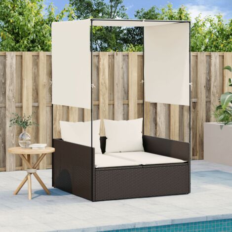vidaXL Double Sun Lounger with Roof and Curtains Brown Poly Rattan (1/5)