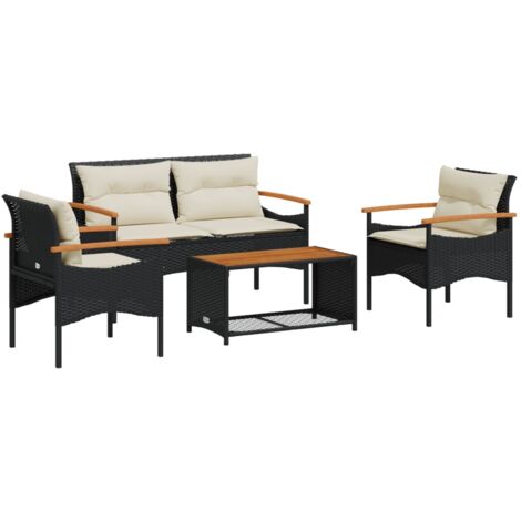 Vidaxl – Salon de jardin 4 places en poly rotin noir – Coussins épais amovibles – Table en bois d'acacia – Résistant aux intempéries (1/5)