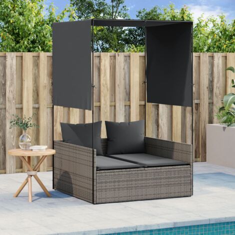 vidaXL Double Sun Lounger with Roof and Curtains Grey Poly Rattan (1/5)