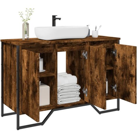 Vidaxl – Armoire lavabo salle de bain chêne fumé 91x35x60 cm – Bois d'ingénierie et métal – Fixation murale incluse – Grand espace de rangement