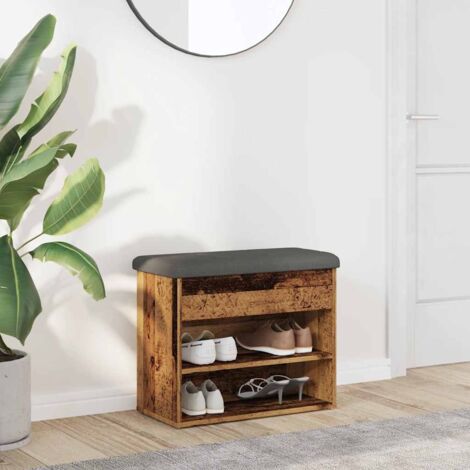 Vidaxl – Banc à chaussures vieux bois avec coussin gris – Dimensions 62x32x50 cm – Capacité 110 kg – Pour couloir ou salon